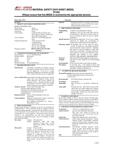 material safety data sheet msds r134a please ensure that this msds