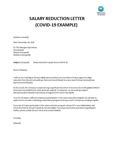 salary reduction letter templates  allbusinesstemplatescom