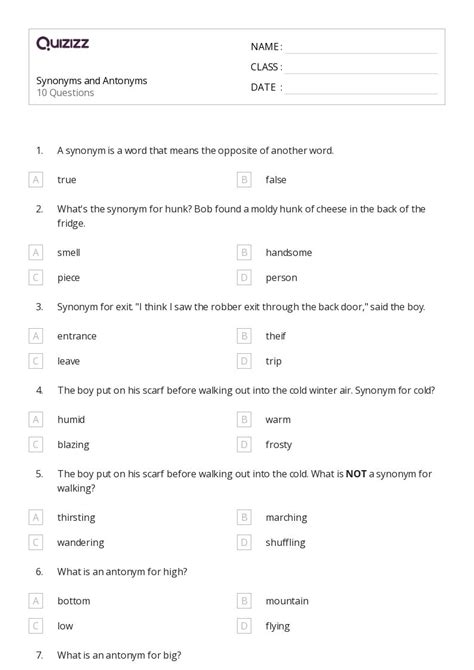 50 Synonyms And Antonyms Worksheets For 4th Grade On Quizizz Free