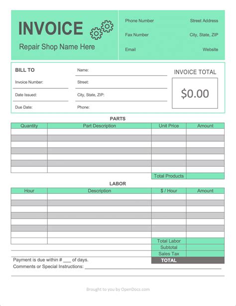blank downloadable  printable auto repair invoice template honton