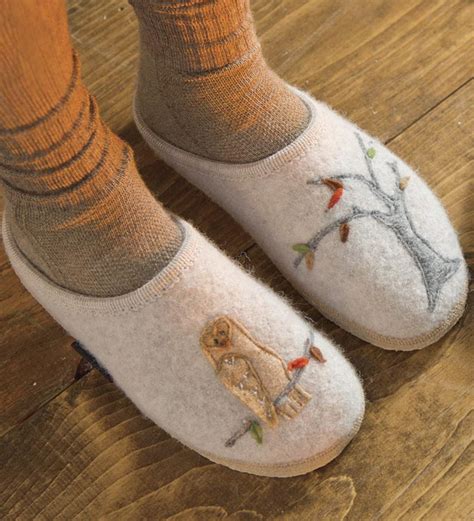 womens boiled wool slippers  woodland motif plow hearth