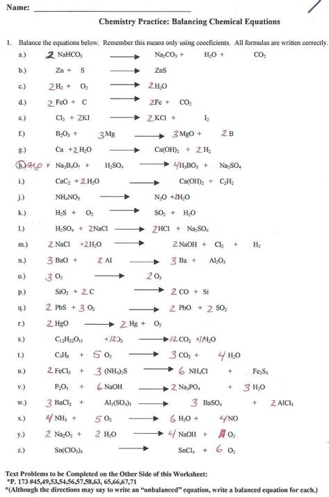chemistry balancing chemical equations worksheet answer key class