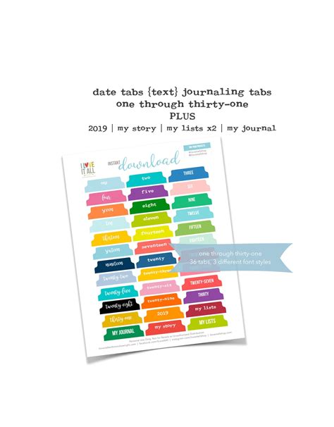 printable numbered tabs tabs  journaling colorful etsy