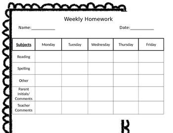 weekly homework log  molly morse tpt