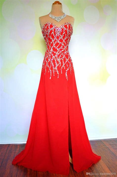 wholesale red beaded sparkle long chiffon prom dress sexy split floor length sweetheart