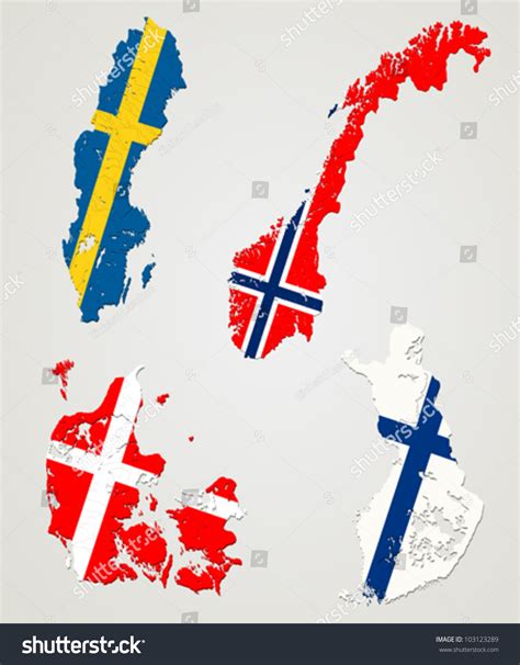 map flags four major nordic countries stock vector