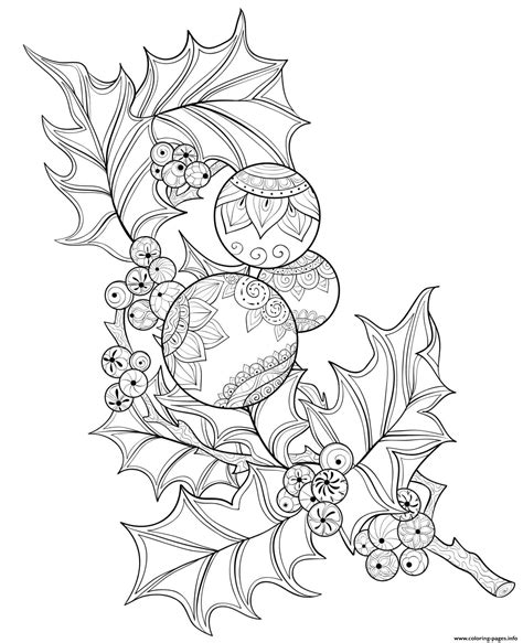 christmas  adults holly branch baubles coloring page printable