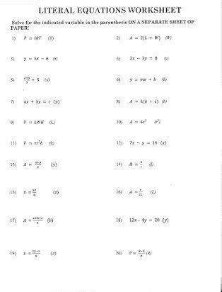 literal equations worksheet answers  literal equation worksheets