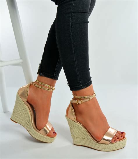 womens ladies espadrille high heel wedges studded platforms shoes size uk