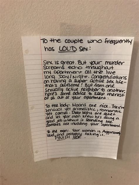 this note to the couple who frequently has loud sex will