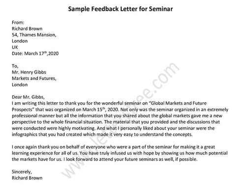 feedback letter  seminar sample feedback letter friendly letter