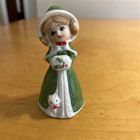 vintage jasco 1978 merri bells girl in green dress cat bell figurine