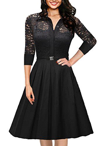 Vintage 1950s Style ¾ Sleeve Black Lace Flare A Line Dress Crossdress