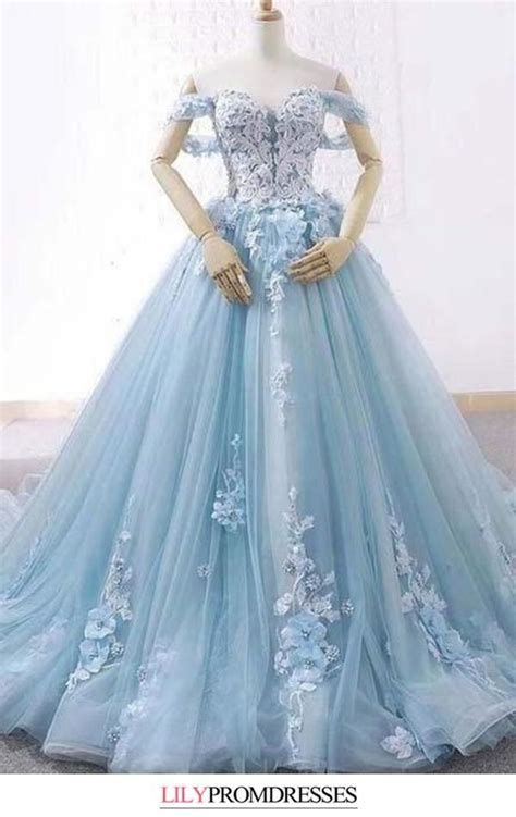 princess light blue sweetheart tulle appliques   shoulder ball gown prom dresses