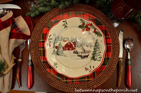 christmas table setting tablescape with plaid plates and a