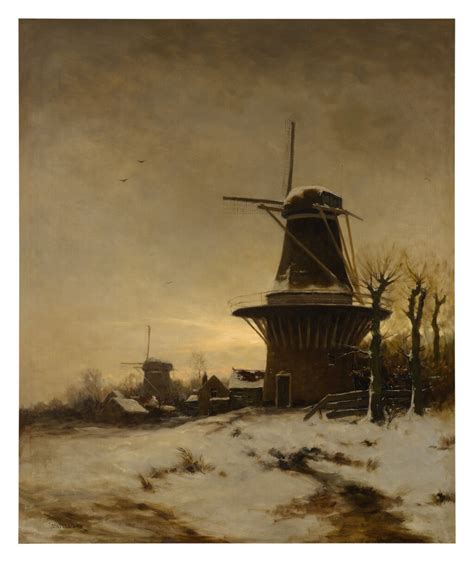 constant artz  windmill   village   edge   snowy meadow european paintings