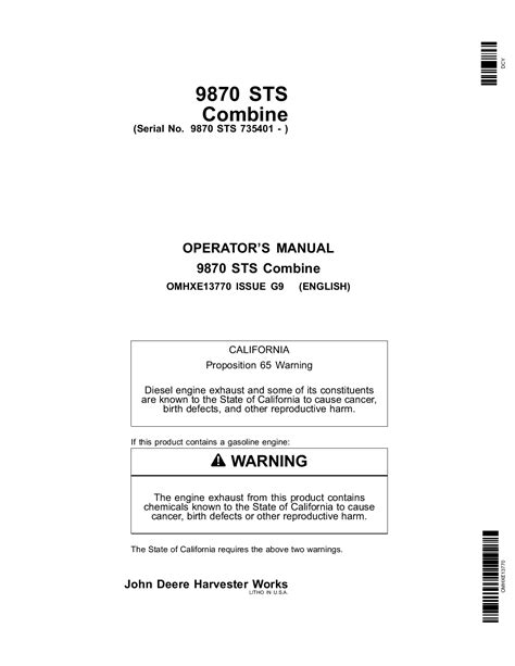 john deere  sts combine  omhxe operators  maintenance manual