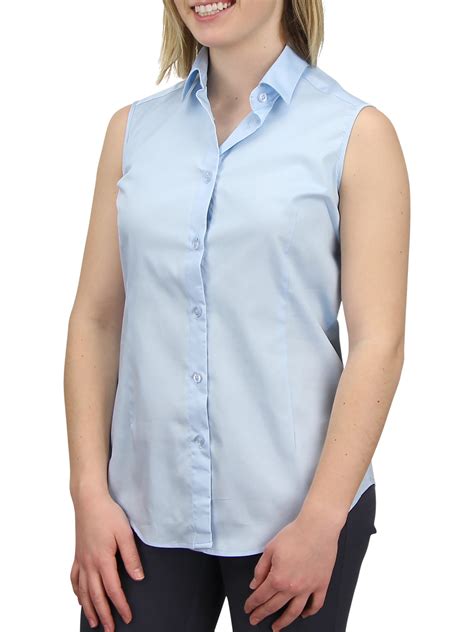 womens sleeveless collared shirt  cotton button  work casual shirt blouse light blue