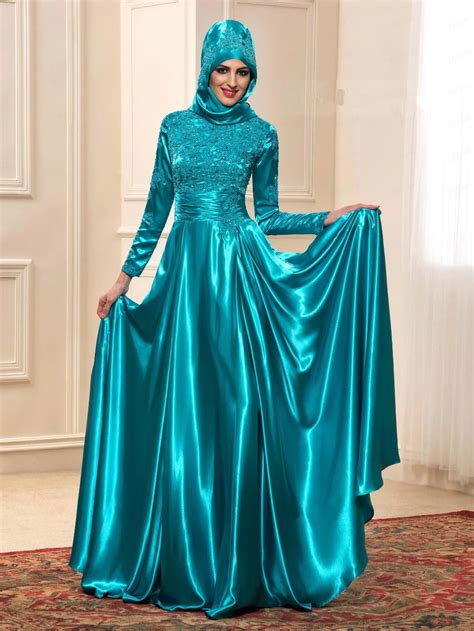 Green Long Sleeve Muslim Evening Dresses 2016 Straight Hijab Arabic