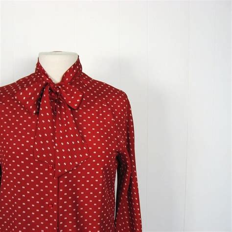 halston vintage red logo print secretary blouse early 80 s halston