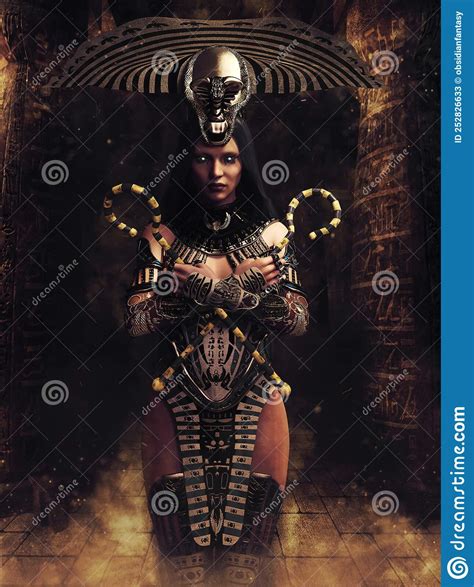 Fantasy Priestess With Ancient Egyptian Staffs Stock Illustration