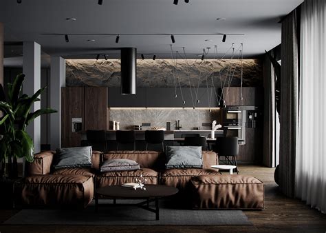 earthy brown  black decor  rugged rock features luxurious lighting