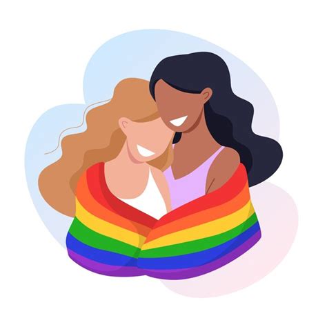 premium vector young women couple hug    hold  rainbow lgbt pride flag