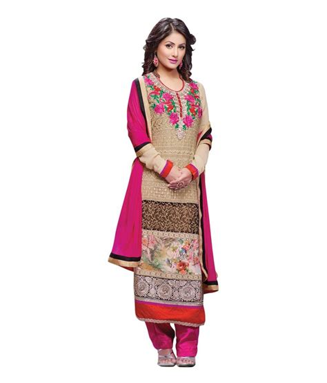 Desi Girl Beige Long Straight Embroidered Dress Material Buy Desi