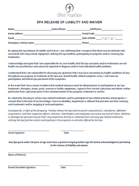 spa release form spa service industries
