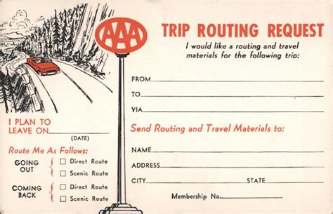 aaa trip routing request cars postcard