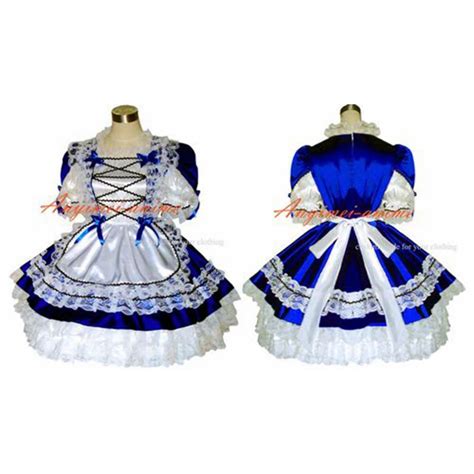 sexy sissy maid satin blue dress lockable uniform cosplay costume