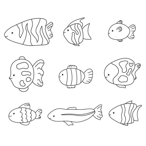 lindo pez bebe coleccion de linea aislada conjunto doodle mar dibujado
