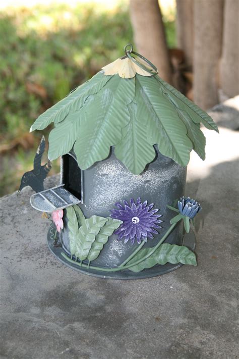 Bird House With Hummingbird And Flowers Made Of Tin B