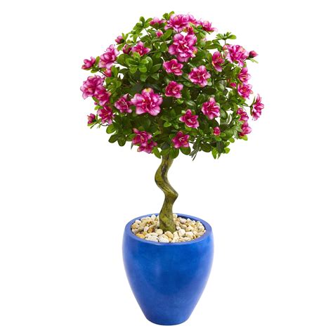 buy cheap nearly natural azalea artificial topiary tree in blue planter