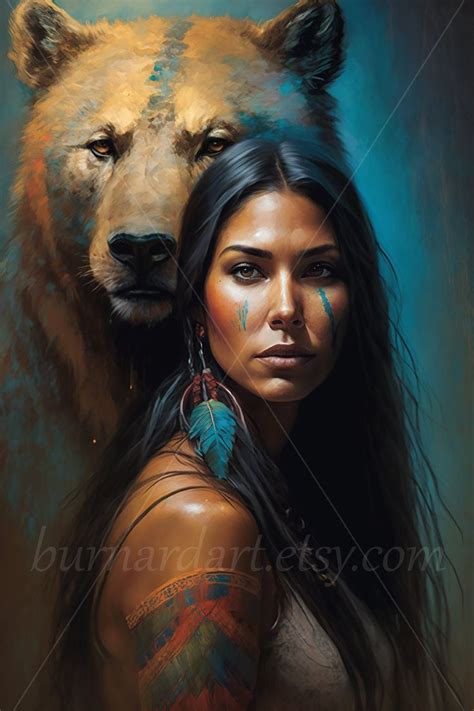 A Painting Of A Native Woman And A Wolf With Feathers On Her Head In