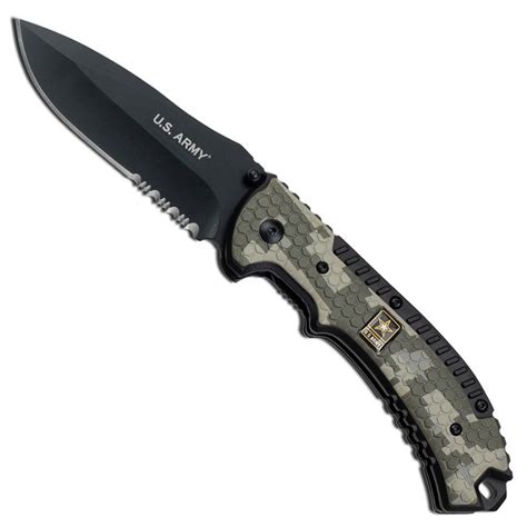 army   spring assisted black  serrated blade folding knife camouflageca