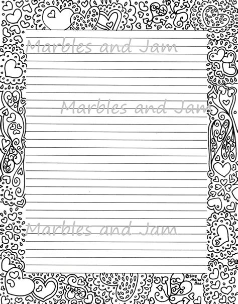 hearts border lined printable stationery  coloring page etsy