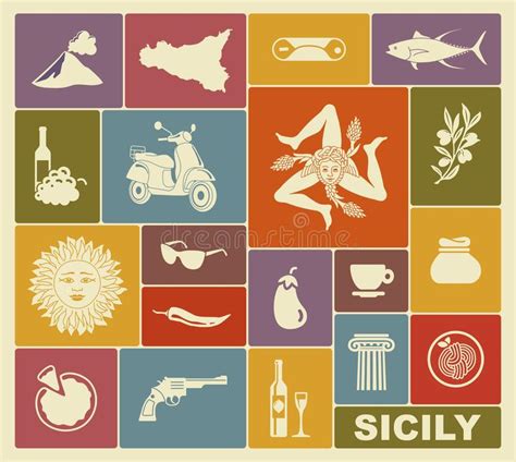 Stylized Map Of Sicily With Traditional Symbols Stock Vector