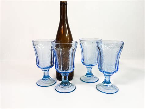 4 Vintage Water Glasses Goblets Blue Glasses Four Heavy Glasses W