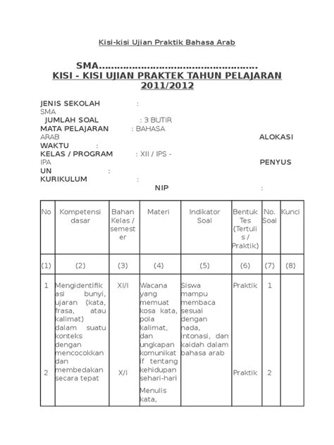 kisi kisi ujian praktek bahasa arab