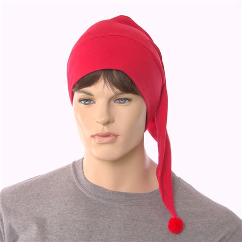 red nightcap cotton union suit night cap sleep hat pompom holiday