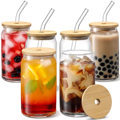Buy [ 6pcs Set ] Glass Cups With Bamboo Lids And Glass Straw Can