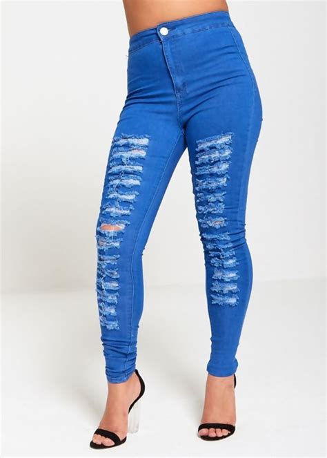 blue high waist extreme ripped skinny jeans