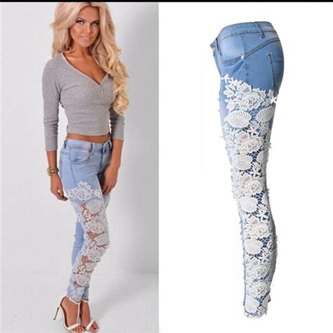 Fashion Embroidery Jeans Woman Lace Pencil Pants Hollow Ripped Jeans