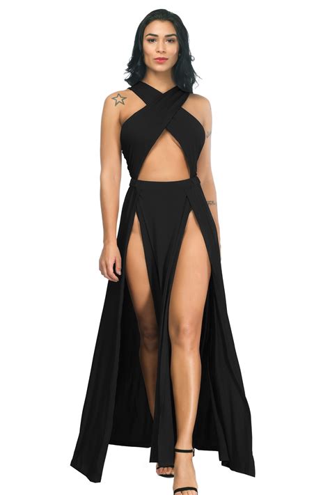 Sexy Open Front High Slit Black Stretch Silk Evening Prom