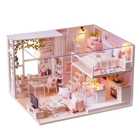diy miniature loft dollhouse kit realistic mini  pink wooden house