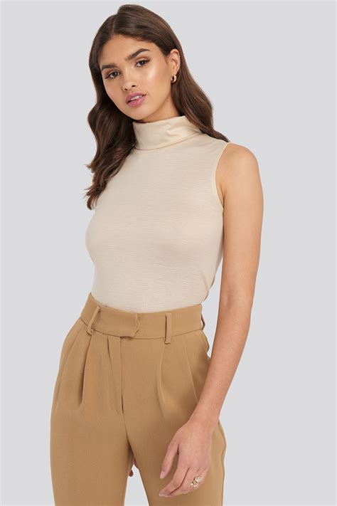 turtle neck sleeveless ribbed jersey top beige na