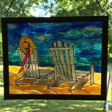 beach scene stained glass  handmade framed art whitewash beach