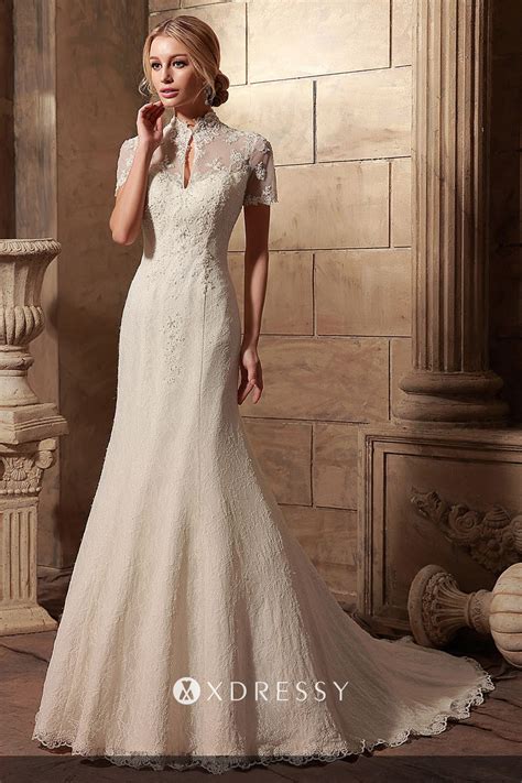Illusion Lace High Neck Short Sleeve Wedding Dress Xdressy