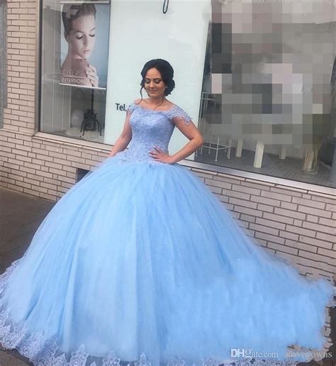 Light Blue Lace Sweet 16 Quinceanera Dresses Ball Gown Off